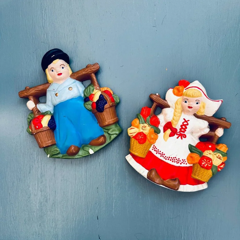 Vintage Dutch Boy Girl Chalkware Wall Plaques Pair Hand Painted Mid Century